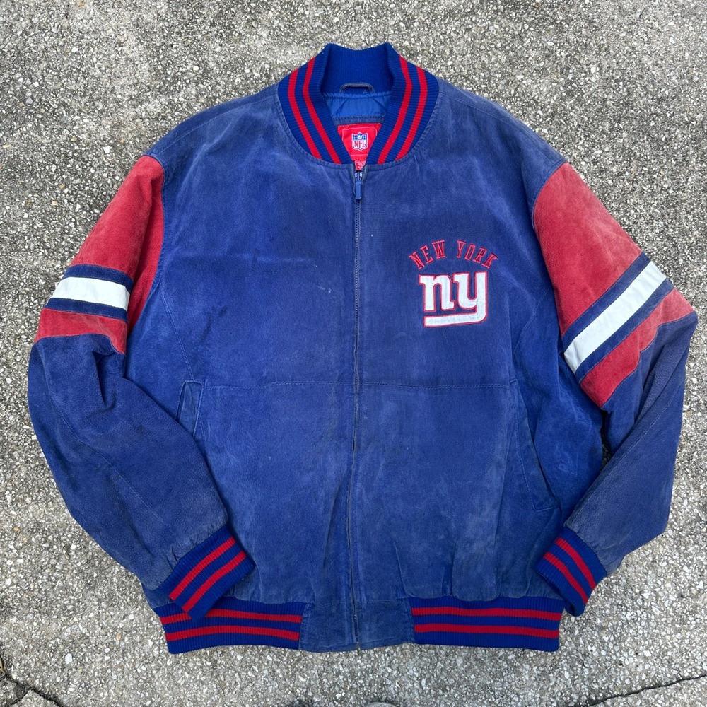 Vintage NFL New York Giants Suede Leather Bomber Jacket XXL Blue Full Zip